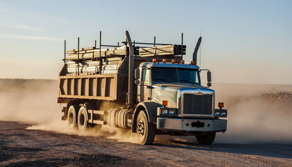 Powerful dump truck transporting heavy metal loads on dusty construction site, showing strength, transportation, and industrial might in golden light