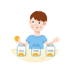 Vector illustration of a thoughtful boy holding a coin and deciding where to put it. Money management and budgeting concept for kids.