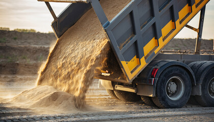 Dump truck unloading sand, creating stunning construction scene, ideal for infrastructure projects, showing power and efficiency in material delivery
