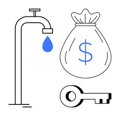 Faucet dripping water, dollar-marked money bag, and key as metaphors for resource management, financial growth, access, sustainability, security, decision-making, and wealth a simple flat metaphor