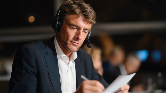A focused interpreter listening intently through headphones at a diplomatic summit, hands moving quickly across notes as delegates speak — global diplomacy, cross-cultural understanding, and