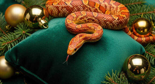 corn snake with bright orange patterns resting on green velvet cushion. Christmas corn snake on green cushion, orange pattern, festive decor
