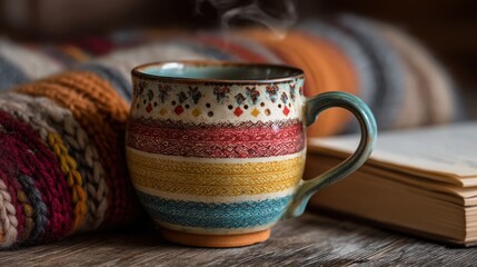 A colorful ceramic coffee mug on a wooden table, with a cozy sweater and a book in the background.