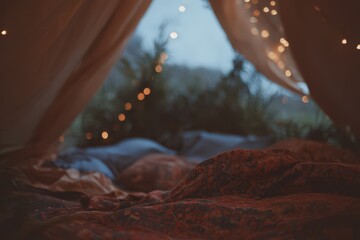 Obraz premium Cozy blanket fort with twinkling bokeh lights creates a magical atmosphere for Christmas storytelling and celebrations