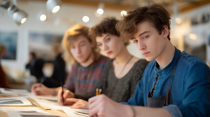 A creative arts hub with designers sketching mood boards, photographers adjusting lights, and musicians editing tracks in a shared open studio — vibrant multidisciplinary collaboration and