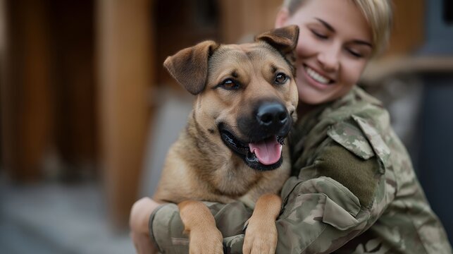 At the front steps of a cozy home, a dog leaps into the arms of a soldier just returned from deployment, tail wagging furiously as laughter fills the air. The embrace is spontaneous and pure,