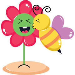Cute cartoon bee kissing a happy flower with a smiling face in pink and green colors against a transparent background