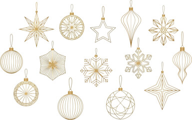 Collection of golden christmas ornaments isolated on white background