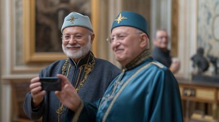 An ambassador presenting their diplomatic credentials to a head of state inside a historic government hall, the moment captured with formal decor and ceremonial significance — tradition-rich
