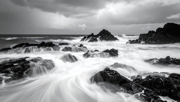A dramatic black and white long exposure photograph captures the raw power of the ocean as waves crash against jagged rocks under a moody, cloudy sky.