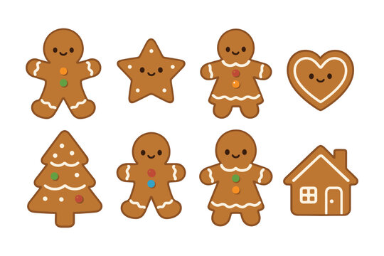 Gingerbread icon set. Gingerbread vector set. Collection of gingerbread cookies in shapes of man, woman, star, heart and house. Design for card, sticker, invitation, poster.