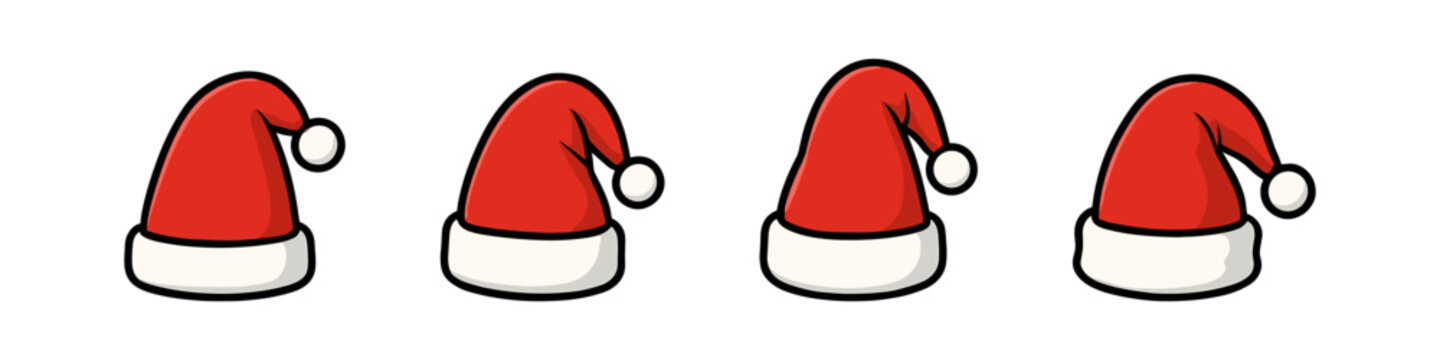 Santa hat icon set. Santa hat vector set. Collection of classic red Santa hats with white trim. Design for card, sticker, invitation, poster, banner.
