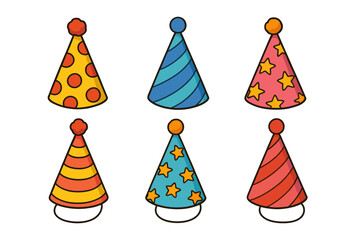 Party hat icon set. Party hat vector set. Collection of colorful striped and dotted birthday hats. Design for card, sticker, banner, poster, invitation.