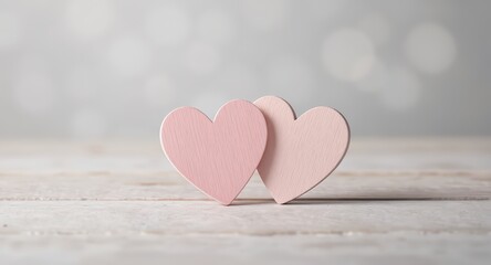 Pink Wooden Hearts on White Wooden Surface for Romantic or Wedding Themes