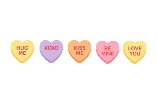 Candy heart icon set. Candy heart vector set. Colorful heart-shaped candies with short love phrases. Design for sticker, invitation, greeting card, poster, banner. Valentine day.