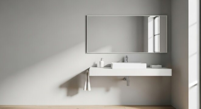 Minimalist bathroom with a sleek white floating sink and large mirror reflecting natural light - Powered by Adobe