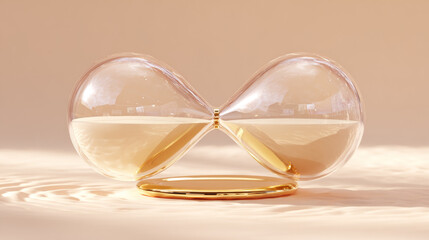 Glass Hourglass with Golden Sand on a Beige Surface