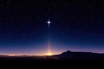 Bright Bethlehem star shining brightly in a clear night sky over a peaceful desert landscape celebrating Christmas Eve