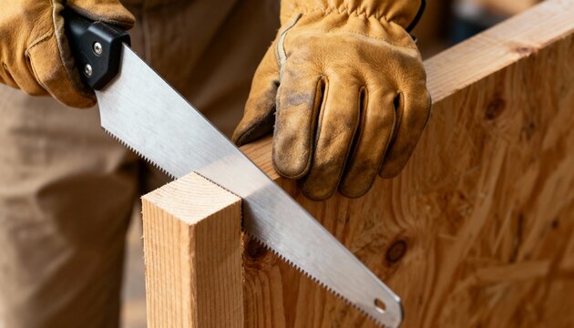 Close-up of construction worker using a handsaw to cut lumber, wearing protective leather gloves.