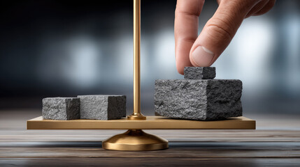 Balancing scale with hand placing stone weight, symbolizing corporate accountability, fairness, and ethical decision making