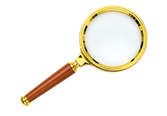 Classic Magnifying Glass with Golden Frame and Wooden Handle isolated on a transparent background lens