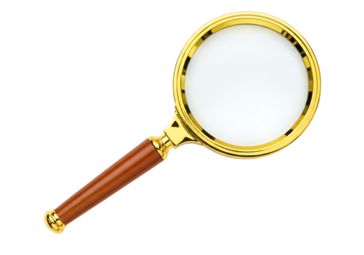 Classic Magnifying Glass with Golden Frame and Wooden Handle isolated on a transparent background lens