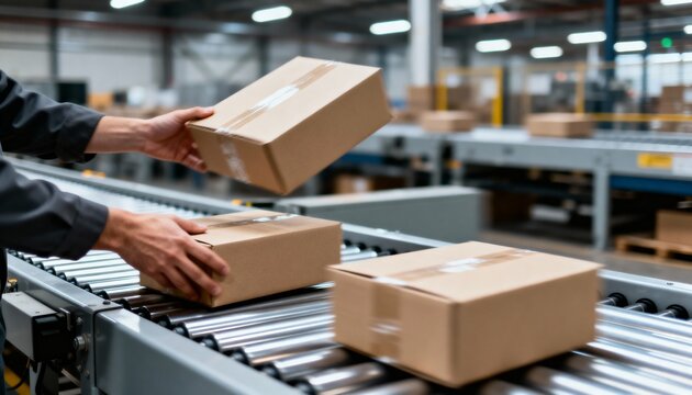 A worker loading cardboard boxes onto a fast-moving roller conveyor belt in a large, modern distribution warehouse. - Powered by Adobe