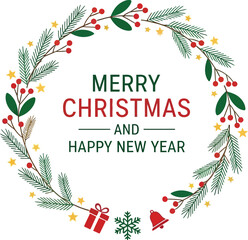 Merry christmas and happy new year wreath isolated on white background