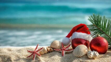 Sandy tropical beach with turquoise waves in soft focus, festive display of Santa hat, red baubles, starfish and seashells for holiday, summer and travel concept - Powered by Adobe