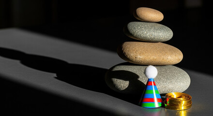 Smooth river stones balanced in cairn stack on dark surface. Miniature party hat and gold ribbon placed at the base. New Year Reiki Energy Healing Stones, Colorful Hat, Shadows