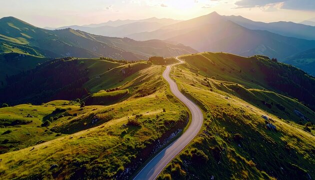 A scenic, winding asphalt road meanders along a sun-drenched mountain ridge, surrounded by rolling green hills and layered mountain ranges. - Powered by Adobe