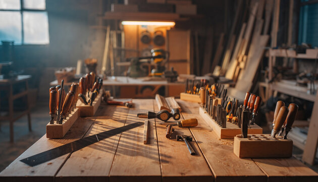Step into a craftsman's workshop, where woodworking tools await skilled hands, perfect for DIY blogs, tutorials, or showcasing artisan skills at a sunny workbench