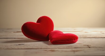 Red Plush Heart Cushions on Rustic Wooden Surface in Soft Lighting
