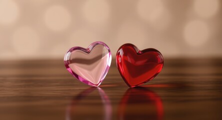 Two Glass Hearts Red and Pink on Wooden Surface Romantic Love Symbol