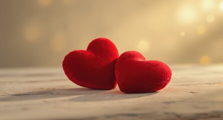 Red Plush Heart Shapes on Light Wooden Surface with Soft Bokeh Background