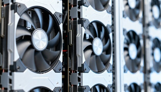 Close-up of high-performance computing hardware featuring rows of graphics cards with large cooling fans and metallic heat sinks.