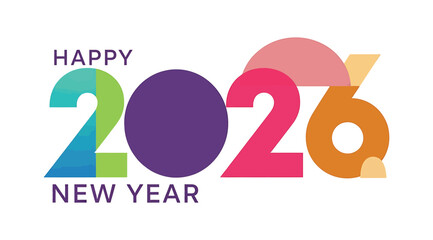 Happy new year 2026 text graphic with colorful numbers and shapes, isolated on