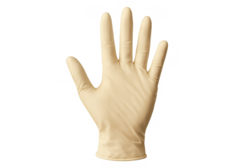 Hand wearing a sterile disposable latex medical glove protecting against infection and contamination, transparent background