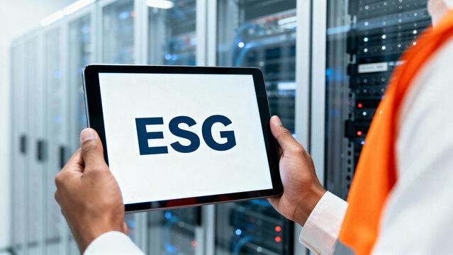 Hands holding a tablet displaying the ESG acronym in a modern data center, symbolizing sustainable IT infrastructure.