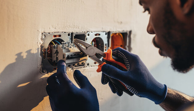 Electrician carefully repairs electrical outlet with pliers, showcasing expertise and precision for home improvement and skilled trades services