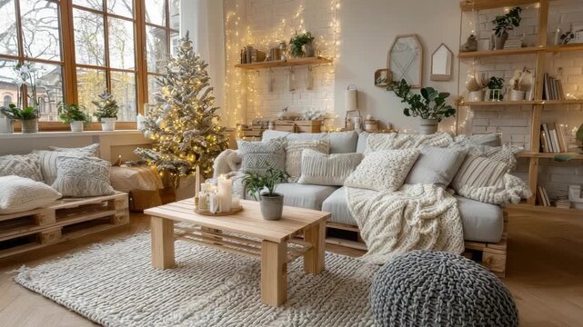 Inviting loft living room decorated for the holidays with a glowing Christmas tree, warm lights, rustic wooden furnishings and cozy Scandinavian style decor for festive winter comfort