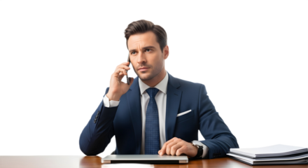 Man in suit at desk talking on phone with laptop and documents nearby on transparent background