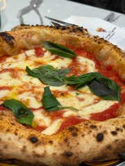 Artisanal pizza with a high, golden crust, with a light browning typical of wood-fired oven cooking. The center is filled with rich, flavorful toppings.
