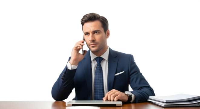 Man in suit at desk talking on phone with laptop and documents nearby on transparent background