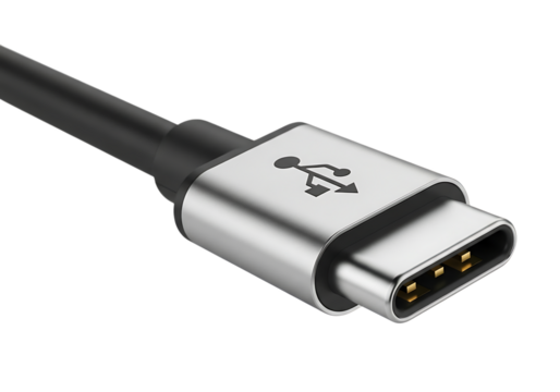 Close up of a silver U S B Type C connector with gold pins and U S B logo on a isolated on a transparent background