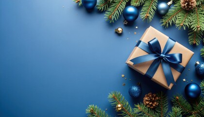 Festive gift presentation holiday celebration image decorated table top-down view cheerful atmosphere with blue and green tones