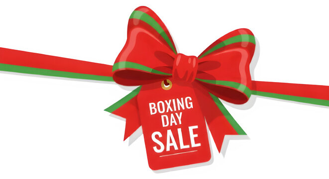 Festive boxing day sale tag with red bow isolated on transparent background