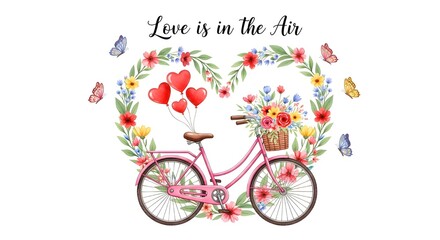 Pink bicycle with flowers and heartshaped balloons isolated on white background