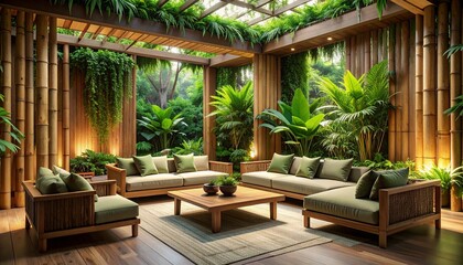 Fototapeta premium Sculpted lounge set blending bamboo structures, deep green foliage partitions, and earthy matte textures, creating a tranquil nature-centered relaxation zone