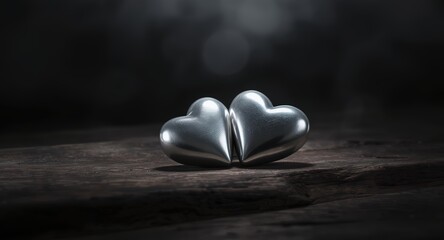 Silver Heart-shaped Stones on Dark Wooden Surface with Soft Lighting